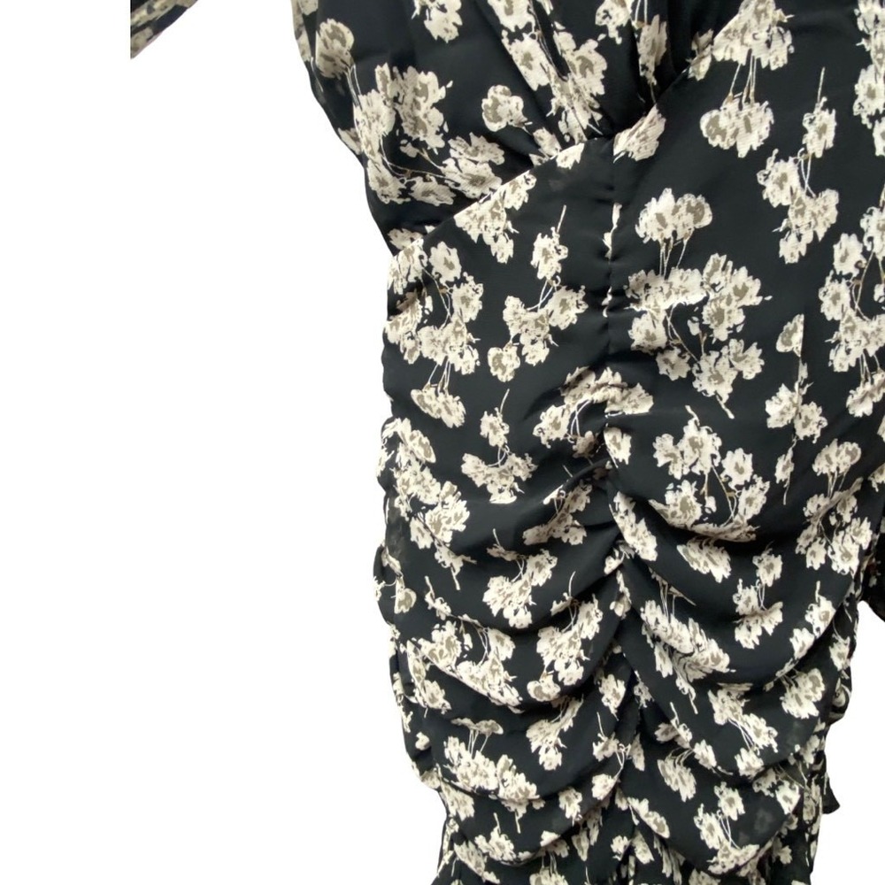 She + Sky Dress M Black Cream Floral Sheath V Neck Ruched Ruffle Lined - Picture 4 of 9